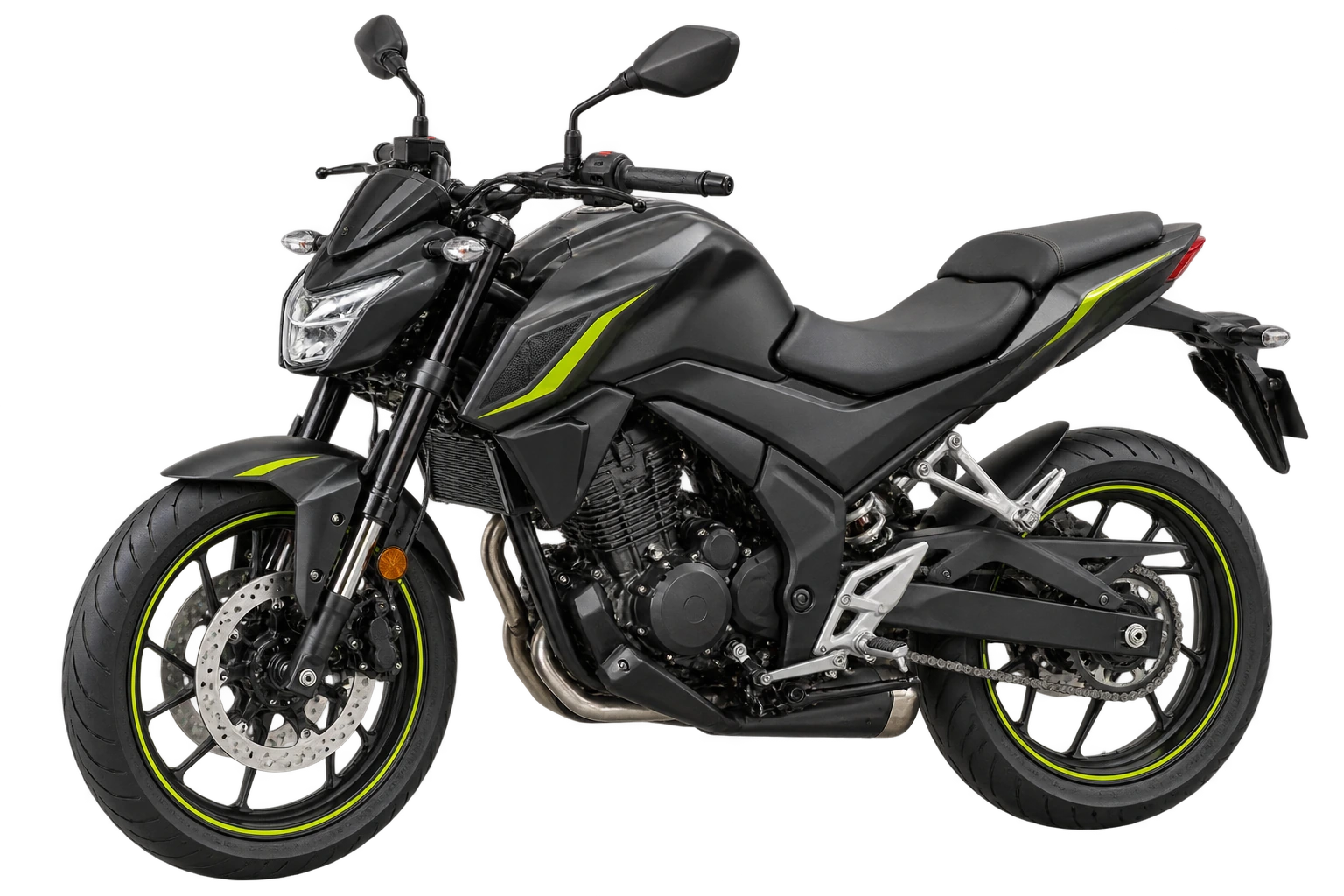 Motorrad mit dunkler Lackierung und limettengrünen Akzenten – Symbolmotiv für B196