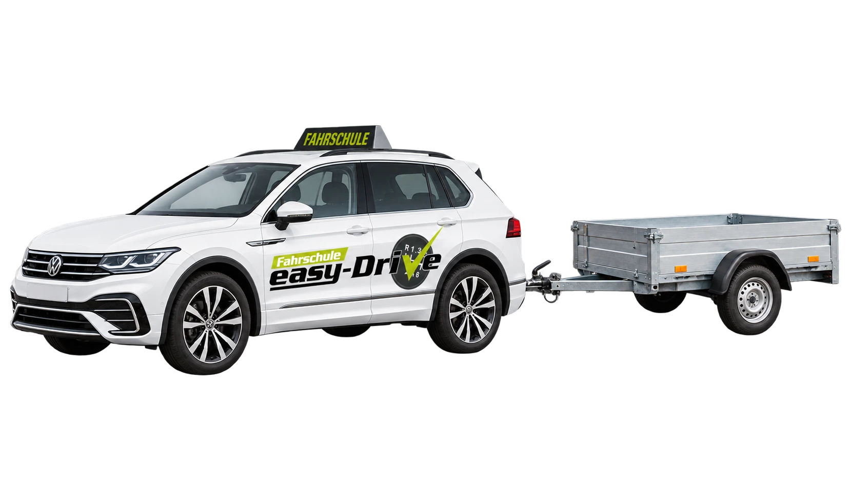 Weißer VW Tiguan mit EasyDrive-Logo und Anhänger – Symbolmotiv für B96